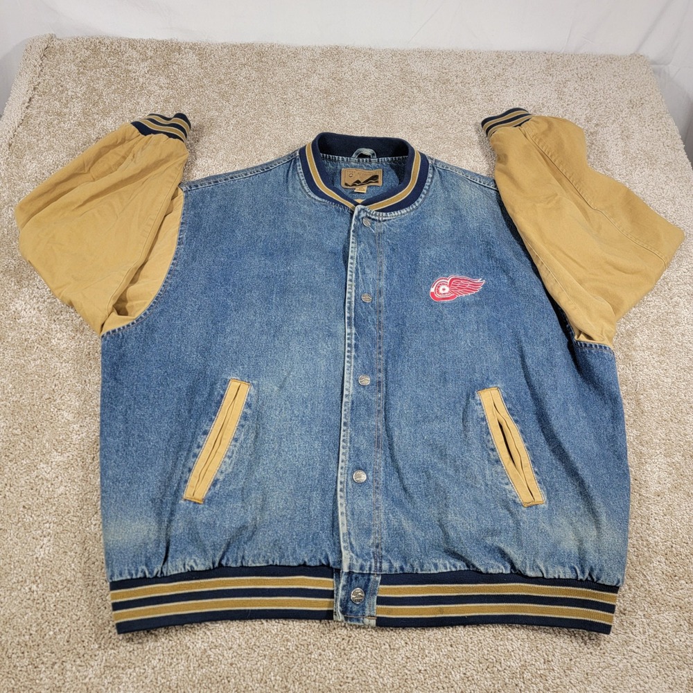 Port Authority Men's Detroit Red Wings Denim Jacket Bomber Full Snap Size 4XL
